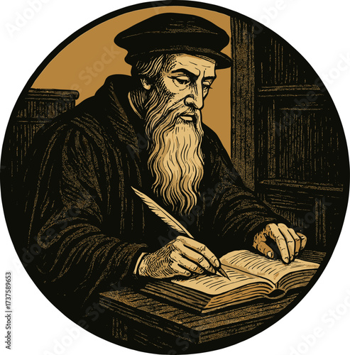 Happy Reformation Day vector illustration. John Knox writing in an open book with a quill. Vintage medieval engraving style for religious and historical projects