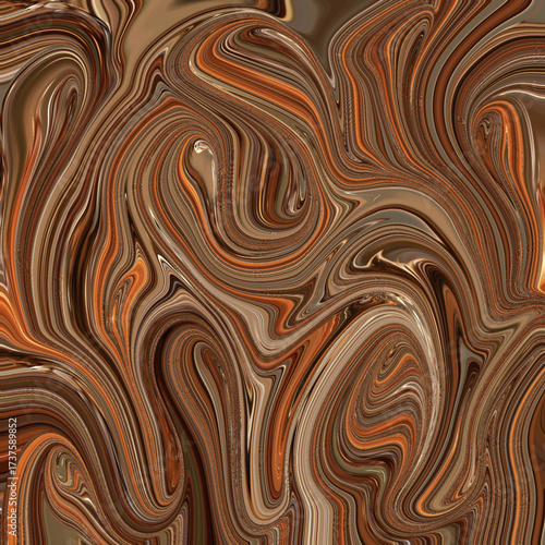 Dynamic abstract swirl pattern in rich caramel and brown tones, resembling liquid chocolate or molten metal, perfect for fashion and artistic backgrounds.