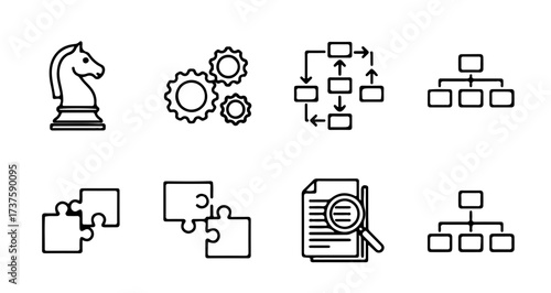 Collection of line art icons representing strategy, process, organization, and analysis, including a chess knight, gears, flowcharts, organizational charts, ...