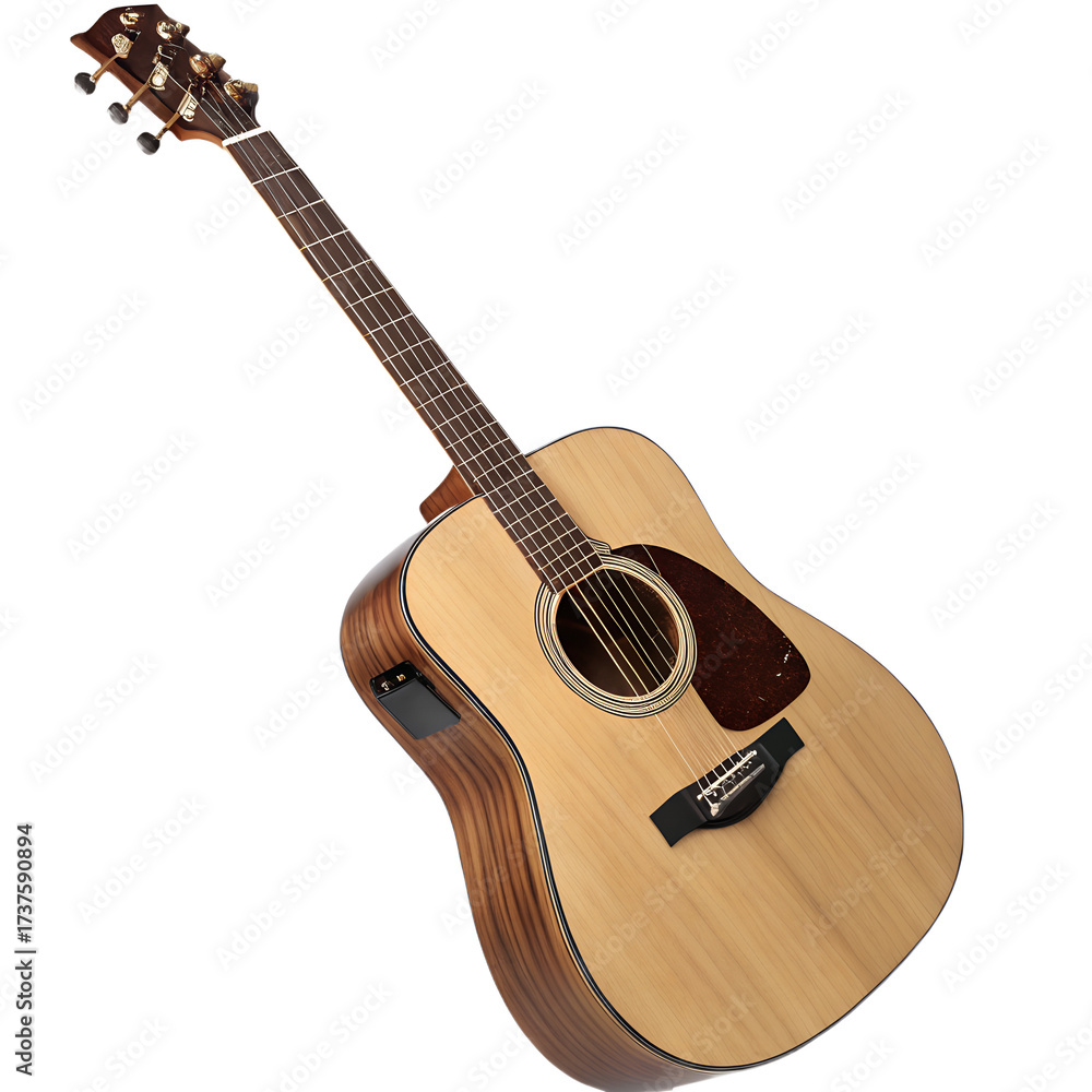 Obraz premium Acoustic guitar with a warm, natural wood finish, perfect for creating beautiful music isolated on transparent background