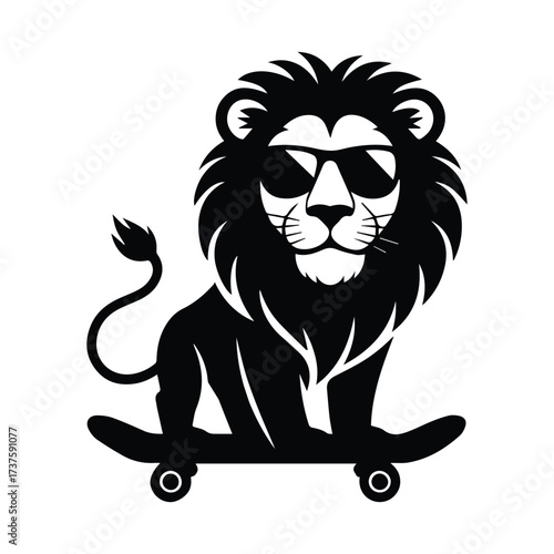 Cool lion wearing sunglasses riding a skateboard with a full mane silhouette