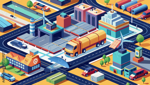 Isometric transportation network with train station, bus terminal, subway system, highway bridges, airport runway, cargo containers, delivery trucks, logistics warehouse, future urban mobility,