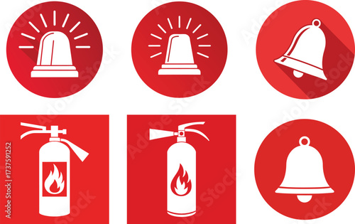 Red alarm icons and fire extinguishers white siren