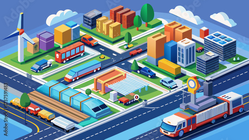 Isometric transportation network with train station, bus terminal, subway system, highway bridges, airport runway, cargo containers, delivery trucks, logistics warehouse, future urban mobility, 