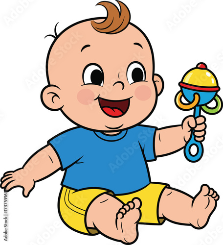 Happy baby boy sitting on floor, smiling infant holding colorful rattle toy, cute toddler playtime, childhood joy, adorable cartoon illustration
