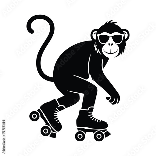 Cool monkey character silhouetted on roller skates with sunglasses ready for action silhouette