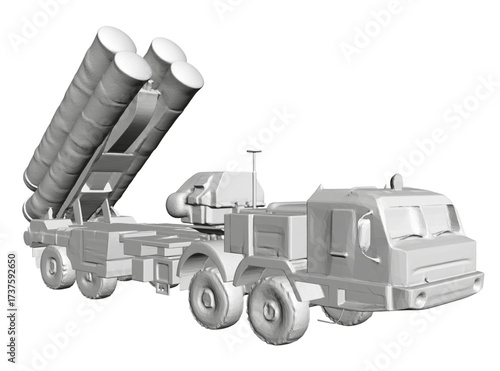 Polygonal military truck with missile launcher on a white background. This 3D model features a low-poly design and clean vector style.