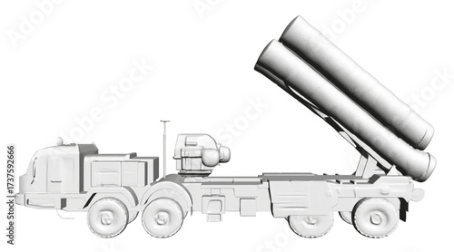 A military truck with a missile launcher on a white background features a cylindrical missile and camouflage pattern. The polygonal style creates a modern, tactical aesthetic.