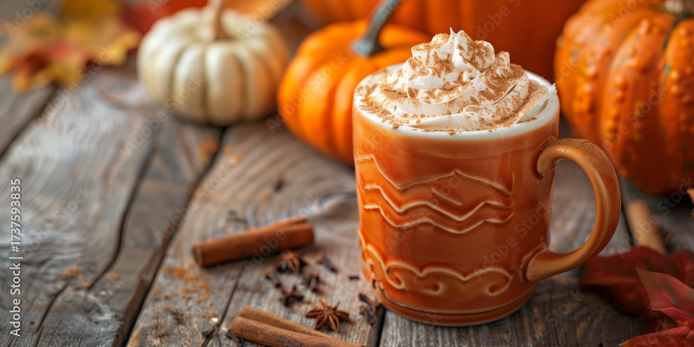 Fototapeta premium pumpkin spice latte in orange mug with whipped cream