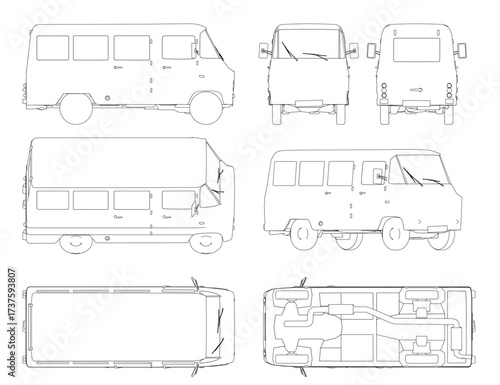 Detailed blueprint of a van set on a white background, featuring contour lines of the headlights, grille, wheels, windows, and doors.