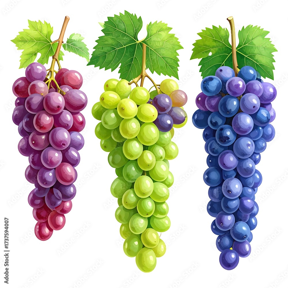 Obraz premium Three bunches of grapes in varying colors