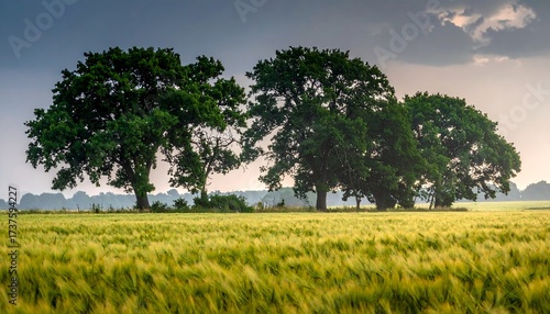 Three trees in a golden field, moody sky