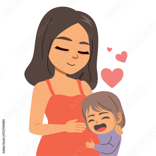 Vector cartoon illustration of a pregnant woman with her baby boy listening to her belly, symbolizing family love, maternity care and the joy of expecting a new baby