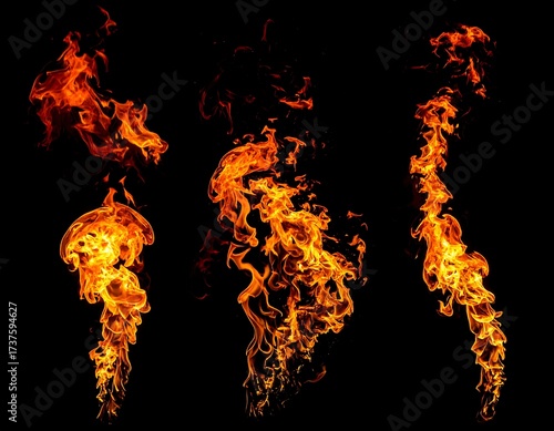 Three variations of orange-yellow flames against black