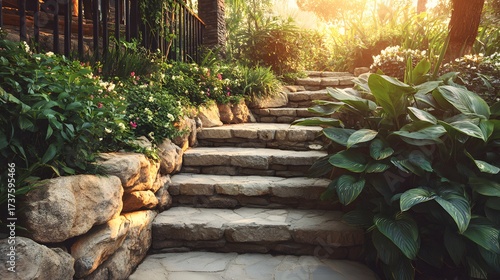 Stone steps, flanked by lush greenery and vibrant plants, ascend into a sun-drenched garden scene, creating a tranquil pathway with natural stone textures and rich, earthy tones throughout the...