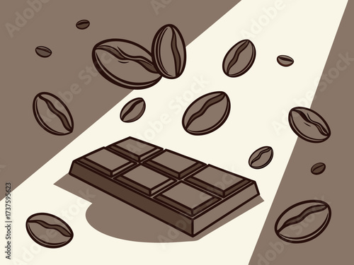 Coffee beans. Dark roast coffee beans falling down. Chocolate and coffee beans flying. High quality photo
