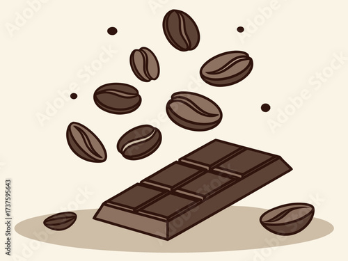 Coffee beans. Dark roast coffee beans falling down. Chocolate and coffee beans flying. High quality photo