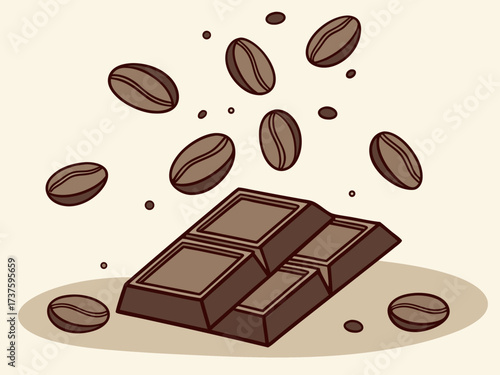 Coffee beans. Dark roast coffee beans falling down. Chocolate and coffee beans flying. High quality photo