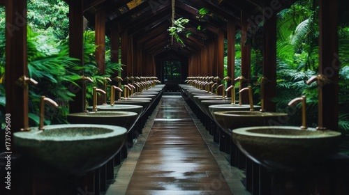 Wooden walkway lined with many round stone basins and copper faucets, lush greenery surrounds the path