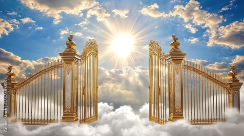 Golden gates to heaven open on fluffy clouds, radiant sun