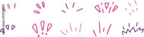 Violet, pink collection of colorful hand-drawn doodles exclamation points, squiggles, and decorative lines that bring fun. Drawn with violet, pink curved lines in grunge style
