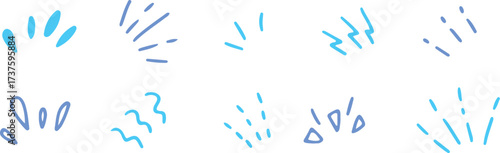 Blue and playful doodles featuring exclamation mark, squiggles, and freeform lines. Vector set with colorful elements to energize your projects. Drawn with blue curved lines in grunge style