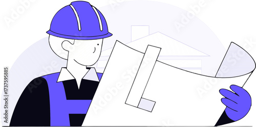 Construction Worker Reviewing Blueprint Design Plan in White Background