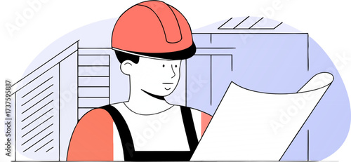 Construction Worker Reviewing Building Plan Blueprint With Hard Hat, Project Development