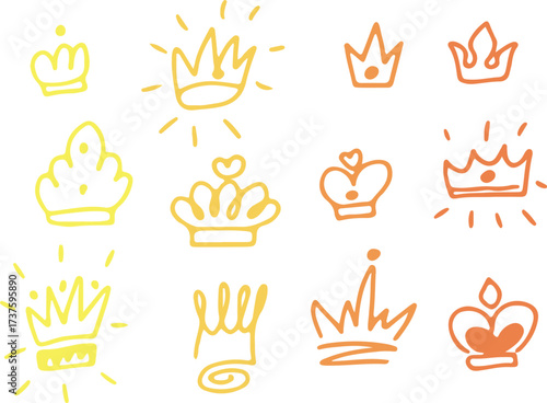 Royal Crown and Tiara vector doodle sketches, hand-drawn in sketch style. Drawn with yellow and orange curved lines in grunge style