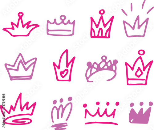 Doodle vector hand-drawn set of crowns and royal tiaras in sketch style illustration. Drawn with violet, pink curved lines in grunge style