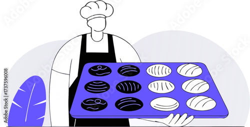 Baker holding tray with baked goodies, outline style illustration isolated on background