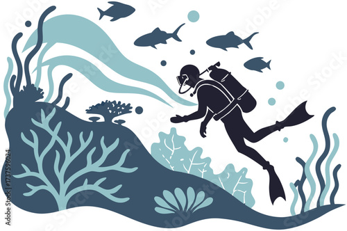 Scuba Diver Exploring Ocean Life Silhouette Underwater Sea World Adventure