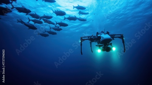 Underwater drone, school of fish, deep blue ocean