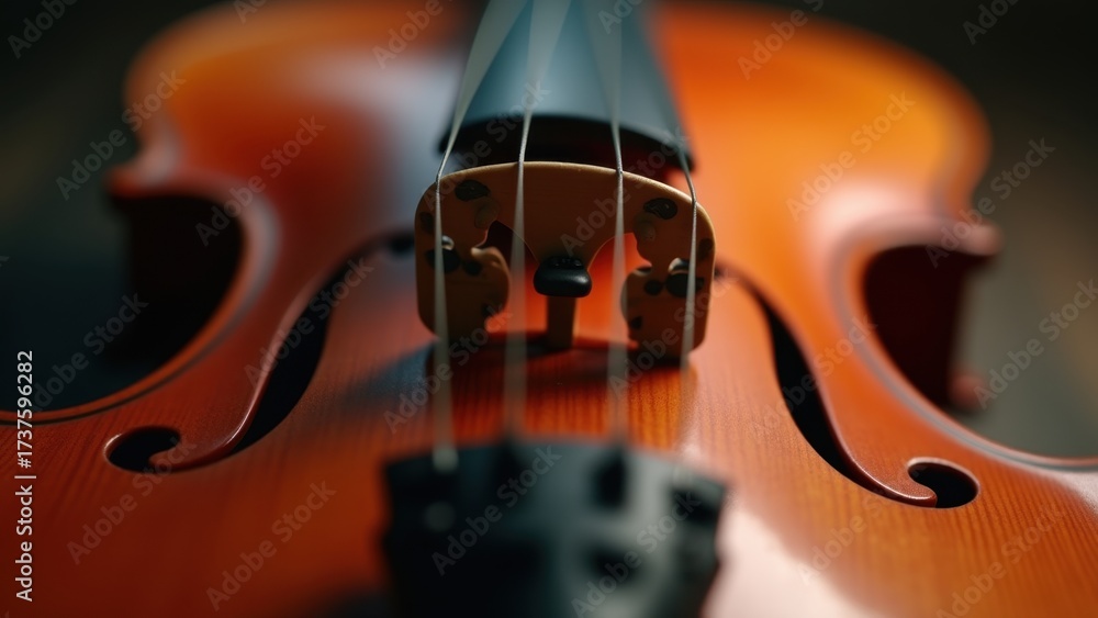 Fototapeta premium Close-up of a violin’s strings, bridge, and finely polished wooden body. The warm tones of the wood contrast with the cool metallic sheen of the strings