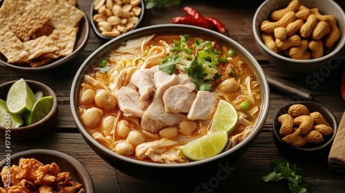 Bowl of spicy noodle soup, garnished with lime, cilantro, and chicken, surrounded by peanuts, crackers, and other Asian snacks