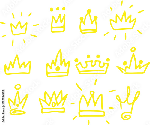 Hand-sketched royal crowns and tiaras doodle set in vector sketch style. Drawn with yellow curved lines in grunge style