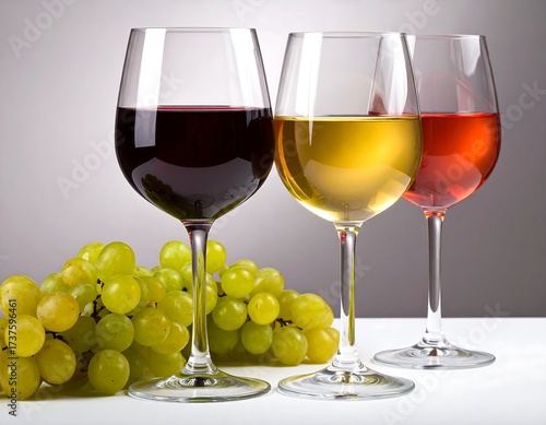 Three wine glasses, red, white, and ros?, beside grapes