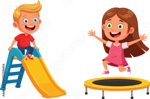 Happy children playing outdoors, boy sliding on playground slide, girl jumping on trampoline, fun activity, childhood joy, summer recreation, exercise