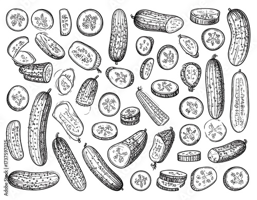 Hand Drawn Cucumber Illustration Collection.