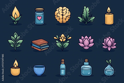 A vibrant collection of icons celebrating mindfulness, nature, knowledge, and tranquility in everyday life.