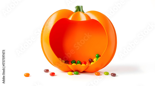 Halloween card with empty pumpkin filled with colorful little round candies on white background