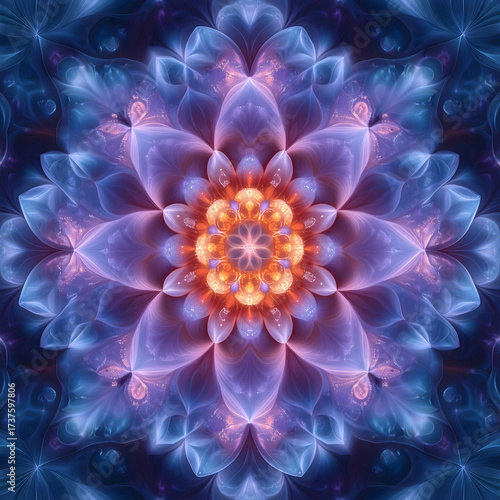 Mesmerizing fractal flower blooms with radiant light and delicate petals in cosmic harmony.