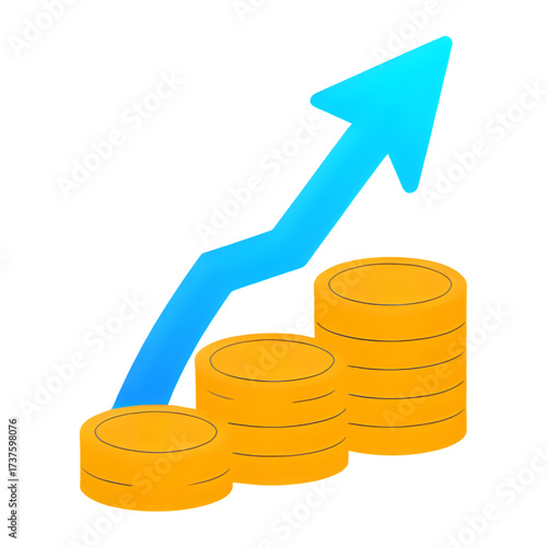 Financial growth illustrated by stacked coins and upward arrow. business graph with gold coins