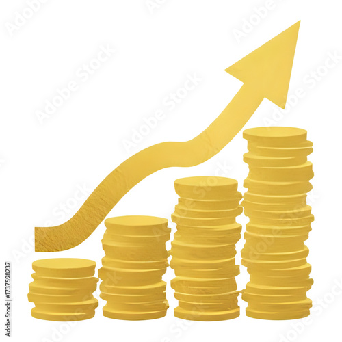 Golden coins stacked in increasing height with upward trend arrow