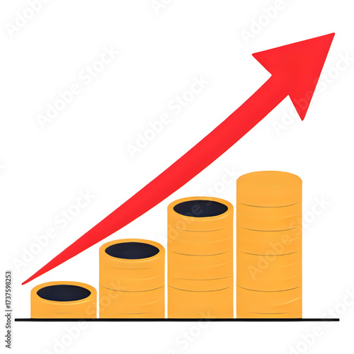 Growing stack of coins with upward trending red arrow