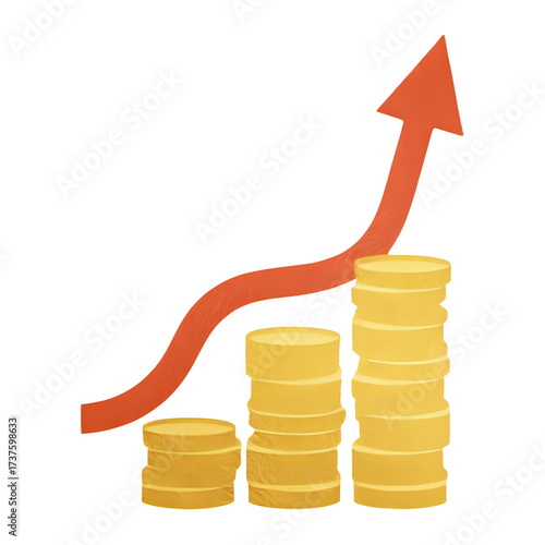 Financial growth illustrated with stacks of coins and upward arrow