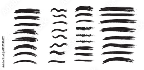 Variety of black brush stroke and grunge line vector set for hand drawn underlines, swooshes, and artistic graphic elements