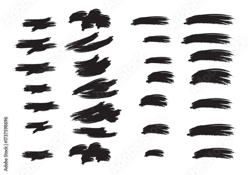 Large collection of black grunge brush strokes and paint splatters vector set for artistic texture, accents, and abstract backgrounds