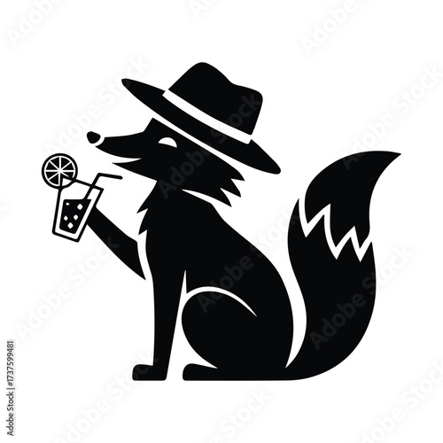 Sophisticated fox wearing a hat enjoys a refreshing drink with a lemon slice silhouette
