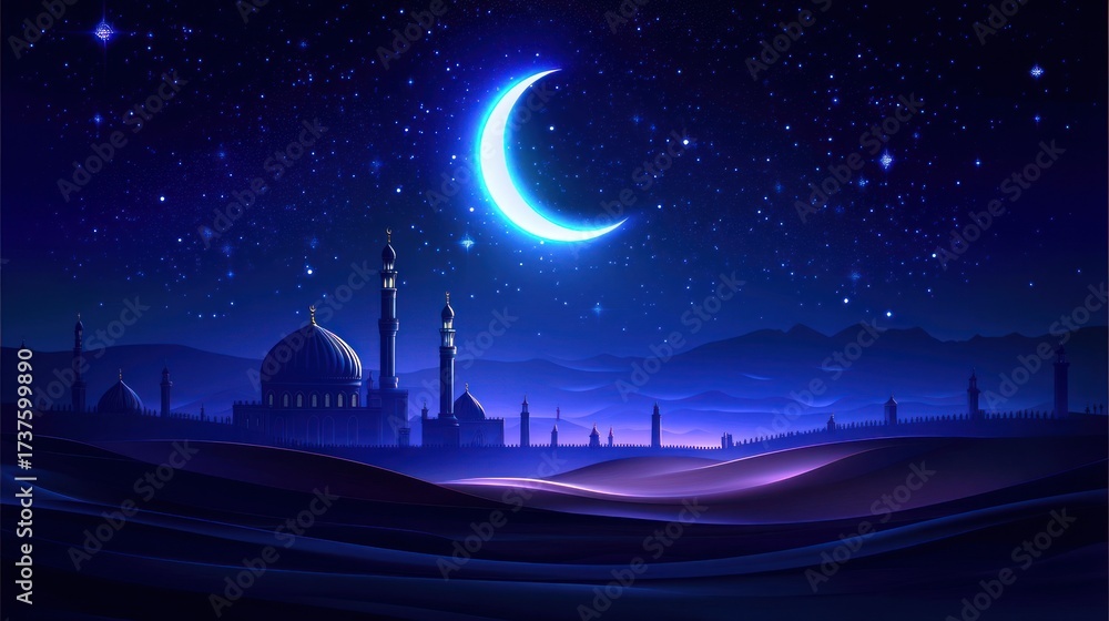 Fototapeta premium Night scene of a desert city with a mosque and crescent moon